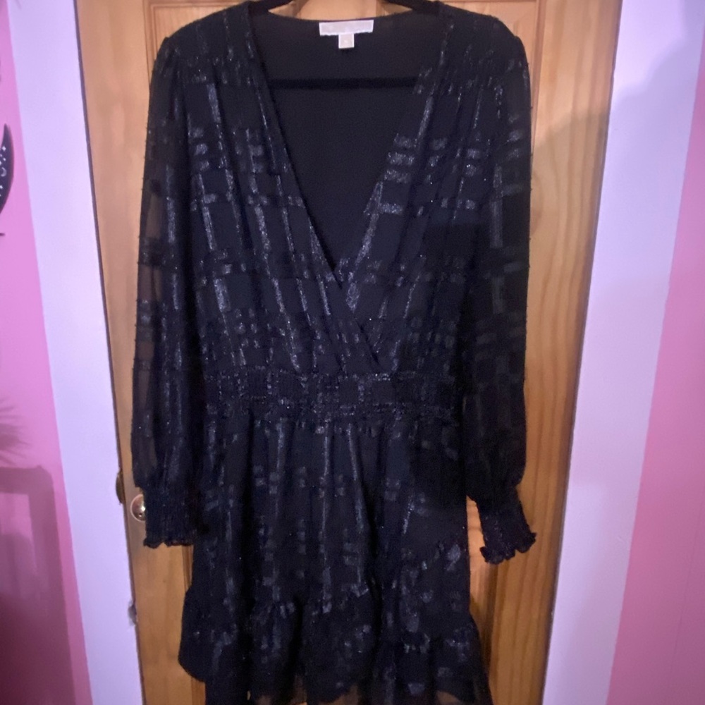 Michael Kors Black Long-Sleeve V-Neck Smocked-Waist Dress with Subtle Shimmer